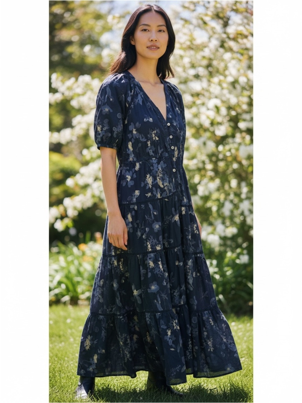 GAP Navy Floral V-Neck Tiered Maxi Dress